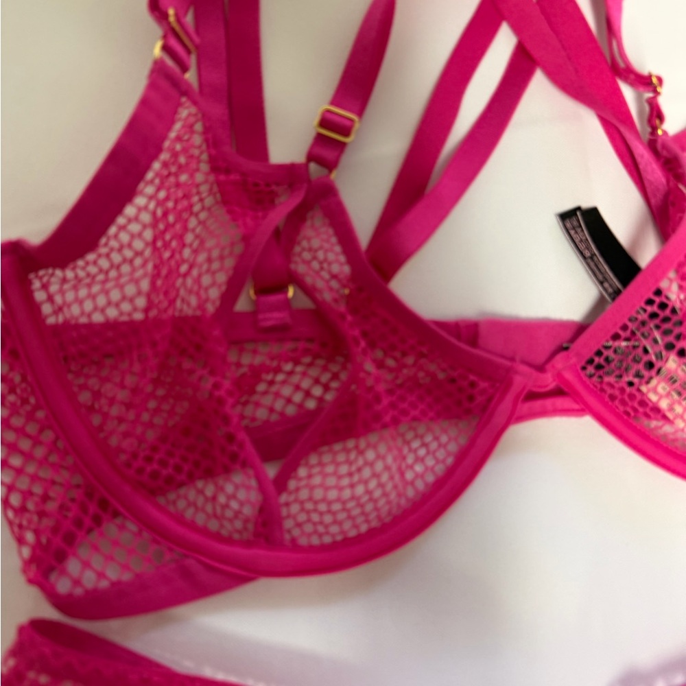 VICTORIA'S SECRET Low Cut Demi BRA V-STRING Panty Set Pink Fishnet Open Cup NWT - Picture 2 of 6